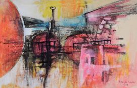 OGWYN DAVIES gouache - farmyard, entitled verso 'Farm Machine No. 3', signed and dated 1973, 19 x