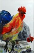 KAREN JONES ceramic / glass - a cock & hen scratching for food, signed in full & entitled verso '