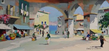D'OYLY-JOHN oil on canvas - Mediterranean village harbour scene with figures in market square,