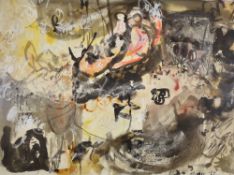 LESLIE MOORE watercolour - semi-abstract garden with flowers, signed & dated '62, 52 x 70cms