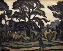 SIR KYFFIN WILLIAMS RA oil on canvas - gentleman figure in hat and overcoat walking amongst trees,