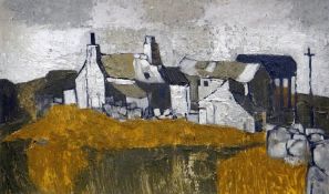 GWILYM PRICHARD oil on board - farmstead and landscape, 45 x 75cms