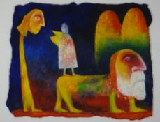 TONY GOBLE gouache on handmade paper - colourful surrealism, entitled verso 'The Angel and the