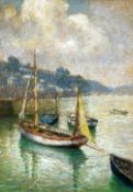 TERRICK WILLIAMS watercolour - moored fishing boats to river quayside with buildings & bridge in