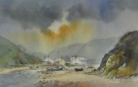 DAVID BELLAMY watercolour - estuary, boats and cottages, entitled verso 'Morning Light Solva,