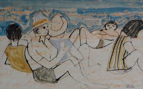 CLAUDIA WILLIAMS mixed media - figures on a beach, signed in full, with original Tegfryn Art