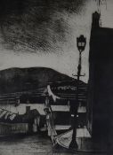 GEORGE CHAPMAN limited edition (22/50) etching print - figure crossing the street of a South Wales