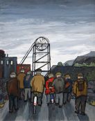 DAVID BARNES oil on board - figures walking towards the pit-head, two with bicycles, signed verso,