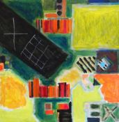 ERIC MALTHOUSE oil on board - colourful abstract, untitled, unframed, 90 x 90cms