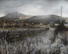 DARREN HUGHES mixed media on paper laid on board - Caernarfonshire landscape 'Winter Road,