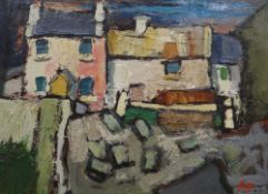 ROBERT DAWSON oil on board - Welsh cottages, entitled verso 'Tre Arddur', signed with initials, 23 x