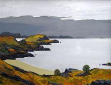 DAVID BARNES oil on board - expansive rocky coastal scene in the Summer Isles, signed in full verso,
