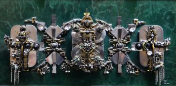 ELIZABETH LEWIS relief construction using scrap metal and mixed media on green laminated board -