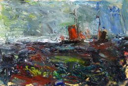 LYNFORD JONES oil on board - entitled verso 'Fishing Smacks at Sea', signed in full to mount, 20 x