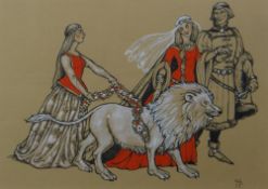 MARGARET JONES ink and watercolour - folk-story illustration with Regal figures and a tame lion