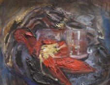 DAN LLYWELYN HALL oil on canvas - semi-abstract, entitled verso 'Two Jugs Wrapped in Cloth, April