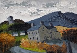 WYNNE JENKINS oil on canvas - Snowdonia village with castle tower, entitled verso 'Dolwyddelan',