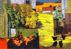 JOHN ELWYN oil on board - farmyard scene with black hens, signed & dated 1960 with competition label