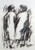 WILL ROBERTS charcoal - two standing female figures in long coats, signed with initials, 27 x 20cms