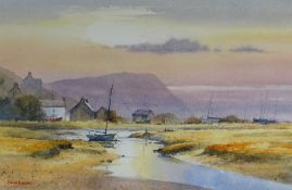DAVID BELLAMY watercolour - estuary and boats, entitled verso 'Evening Mooring, Parrog, Pembs',