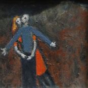 PETER J EVANS oil on board - two figures, entitled verso 'Big Hug 2009', 28 x 28cms