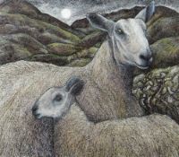 SEREN BELL pen ink and crayon - two sheep in moonlit landscape, entitled 'Blue Remembered Faces', 29