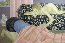 SALLY MOORE oil on canvas - female nude with kneeling figure on the floor with head under a blanket,