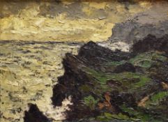 SIR KYFFIN WILLIAMS RA oil on canvas - early career coastal scene with cliffs and squally sea,