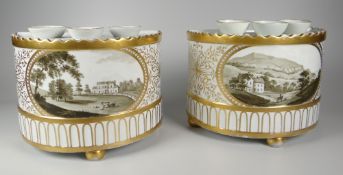 A RARE PAIR OF BULB-POTS DECORATED BY WILLIAM BILLINGSLEY of half-moon form over three bun-feet, the