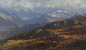 DAVID WOODFORD oil on board - partly snow covered Snowdon under cloud with Llanberis Lake in the
