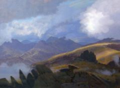 DAVID WOODFORD oil on board - Castell y Gwynt at the summit of Glyder Fach, Snowdonia, in blustery