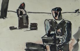 JOSEF HERMAN inkwash, watercolour & pencil - two figures, entitled verso 'Mexican Peasants', 11.5