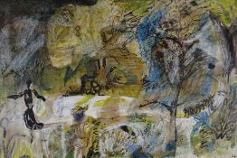 LESLIE MOORE watercolour - figures walking on woodland path, signed & dated 1964, 44 x 64cms