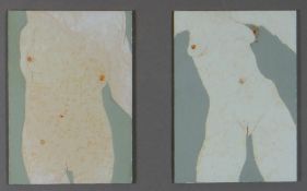 ROGER CECIL oil and incision on card diptych - nudes, entitled verso 'Butterfly Kiss For You as Soft