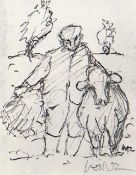 WILL ROBERTS pencil - farmer with cow, signed, 13.5 x 10cms