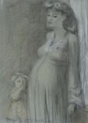 THOMAS RATHMELL pencil with heightening - expectant mother appearing forlorn, standing beside infant