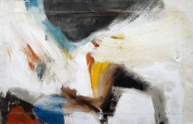 ROGER CECIL oil on canvas - abstract with possibly a figure running, entitled verso 'N. Wales',