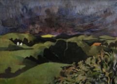 BRYN RICHARDS oil on board - dark clouds over countryside, entitled verso 'Gathering Storm,