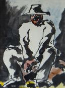 JOSEF HERMAN inkwash, watercolour & pencil - seated farmer in wide-brimmed hat, 19.5 x 15cms