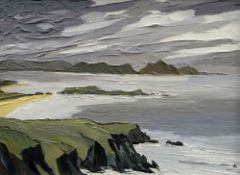 DAVID BARNES oil on canvas - Anglesey headland and beach with Rivals mountains, entitled verso '