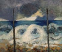 JOHN ELWYN oil on canvas - rough sea at Aberystwyth, unsigned but acquired by original owner from