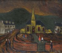 JACK JONES oil on board - South Wales valley with chapel, figures and mountainside beyond, signed