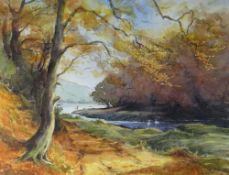 ANN WHALLEY watercolour - Cleddau River, Pembrokeshire with woodland fisherman and swans, signed, 33