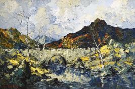 CHARLES WYATT WARREN oil on board - single arch bridge over stream with Snowdon in background,