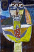 EWART JOHNS pastel - semi-abstract of a standing male with clasped hands, signed with initials &