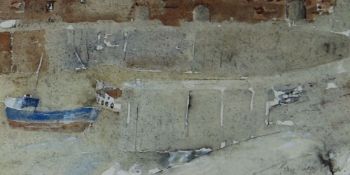 JOHN KNAPP FISHER watercolour - two boats and harbour-wall, entitled verso 'Porthgain Harbour 1975',