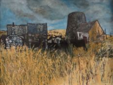 GWILYM PRICHARD oil on board - wild Anglesey landscape with buildings and cattle, entitled verso '