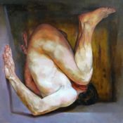 GLENN IBBITSON acrylic / oil on canvas - life-study of a male nude enclosed in a box and being a