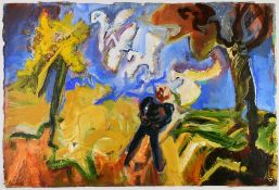 MARIJKE BRAAKSMA mixed media - figure standing between trees with birds in flight above, signed with