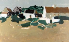 DONALD MCINTYRE mixed media - Irish landscape with white-washed houses, entitled verso 'Cottages,
